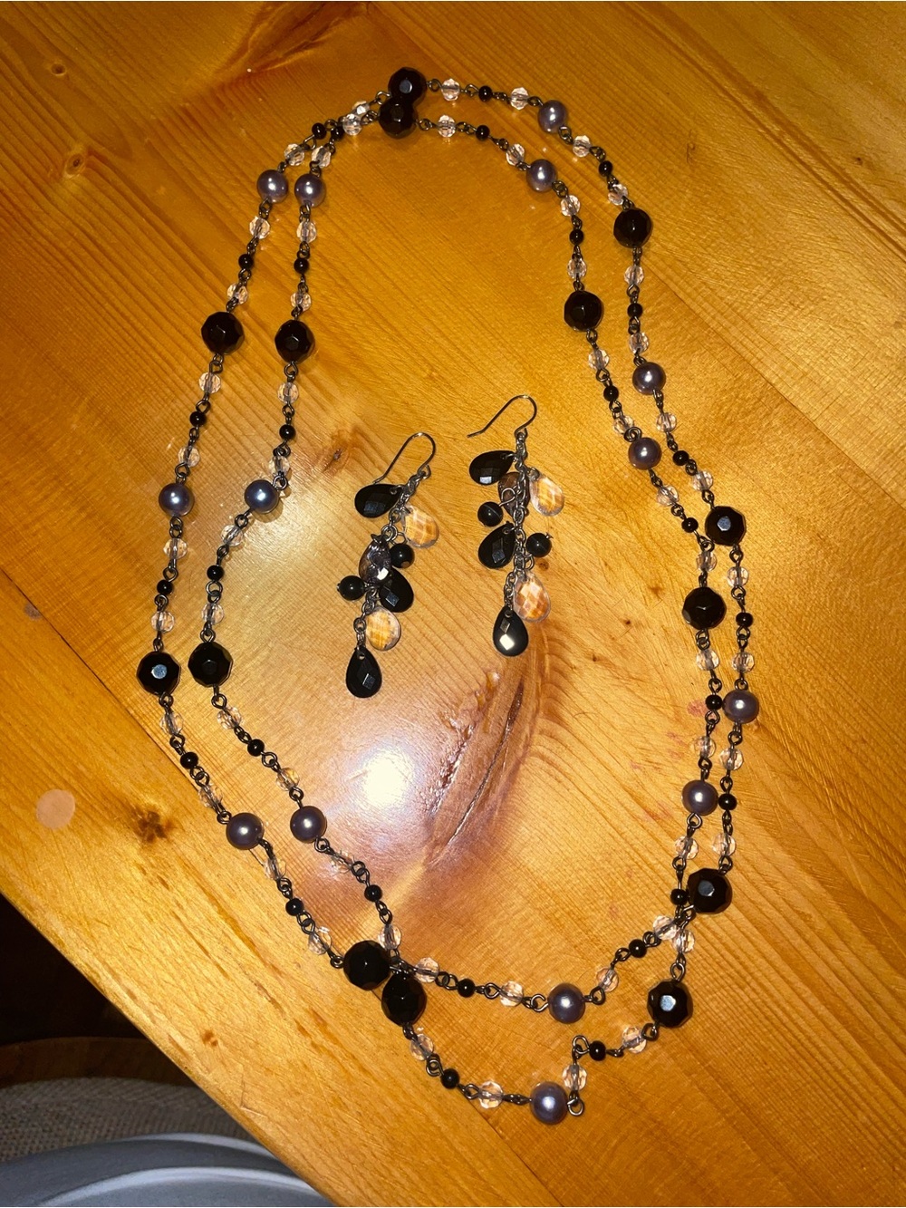 Triple-Strand Black & Gray Beaded Necklace with Matching Earrings